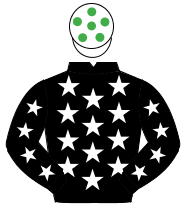 BLACK, white stars, white cap,emerald green spots.                                                                                                    