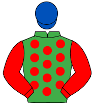 EMERALD GREEN, red spots, red sleeves, royal blue cap                                                                                                 