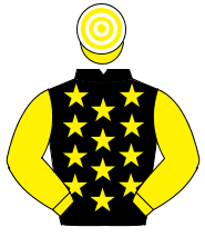 BLACK, yellow stars, yellow sleeves, yellow & white hooped cap                                                                                        