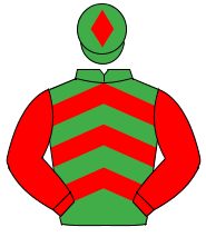 EMERALD GREEN & RED CHEVRONS, red sleeves, emerald green cap, red diamond                                                                             