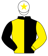 BLACK & YELLOW HALVED, sleeves reversed, white cap, yellow star