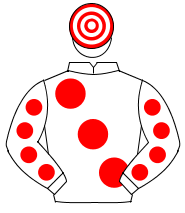 WHITE, large red spots, red spots on sleeves, hooped cap                                                                                              