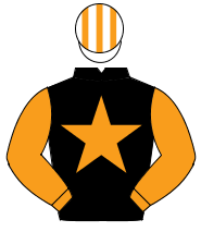 BLACK, orange star, orange sleeves, white & orange striped cap                                                                                        