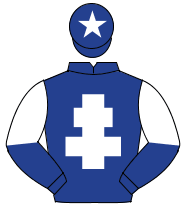 DARK BLUE, white cross of lorraine, halved sleeves, dark blue cap, white star                                                                         