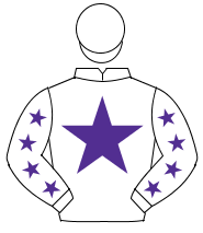 WHITE, purple star, purple stars on sleeves, white cap                                                                                                