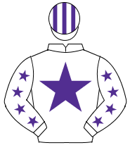 WHITE, purple star, purple stars on sleeves, striped cap                                                                                              
