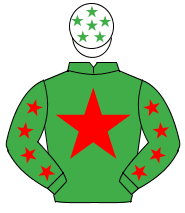 EMERALD GREEN, red star, red stars on sleeves, white cap, emerald green stars                                                                         