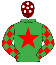 EMERALD GREEN, red star, red sleeves, emerald green diamonds, maroon cap, white spots                                                                 