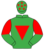 EMERALD GREEN, red inverted triangle, halved sleeves, red stars on cap                                                                                
