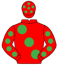 RED, large emerald green spots, emerald green spots on sleeves, red cap, emerald green spots                                                          