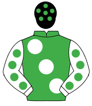 EMERALD GREEN, large white spots, white sleeves, emerald green spots, black cap, emerald green spots                                                  