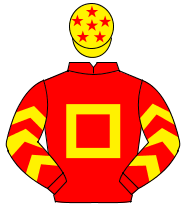 RED, yellow hollow box, yellow chevrons on sleeves, yellow cap, red stars                                                                             