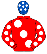 RED, large white spots, white spots on sleeves, royal blue cap, white spots                                                                           