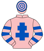 PINK, royal blue cross of lorraine, hooped sleeves & cap                                                                                              