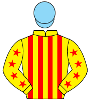 YELLOW & RED STRIPES, red stars on sleeves, light blue cap                                                                                            