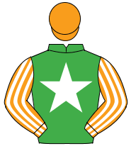 EMERALD GREEN, white star, orange & white striped sleeves, orange cap
