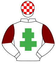 WHITE, emerald green cross of lorraine, maroon halved sleeves, white & red check cap                                                                  