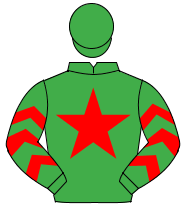 EMERALD GREEN, red star, red chevrons on sleeves, emerald green cap                                                                                   