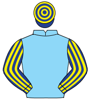 LIGHT BLUE, dark blue & yellow striped sleeves, dark blue & yellow hooped cap