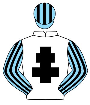 WHITE, black cross of lorraine, light blue & black striped sleeves & cap                                                                              