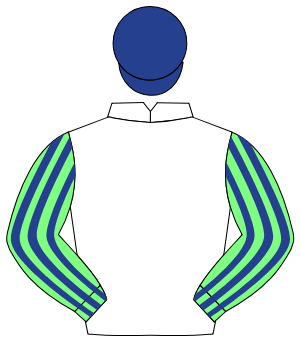 WHITE, light green & dark blue striped sleeves, dark blue cap                                                                                         