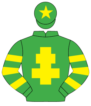 EMERALD GREEN, yellow cross of lorraine, hooped sleeves, yellow star on cap