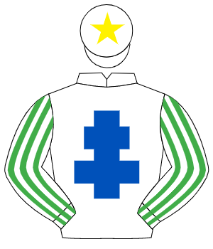 WHITE, royal blue cross of lorraine, white & emerald green striped sleeves, white cap, yellow star