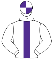 WHITE, purple panel, quartered cap