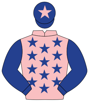 PINK, dark blue stars, dark blue sleeves, dark blue cap, pink star