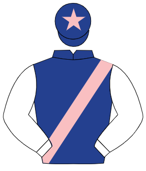 DARK BLUE, pink sash, white sleeves, dark blue cap, pink star