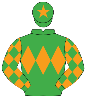 EMERALD GREEN, orange triple diamond, orange diamonds on sleeves, orange star on cap