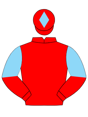 RED, light blue and red halved sleeves, red cap, light blue diamond 