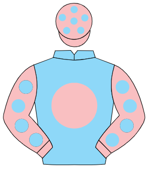 LIGHT BLUE, pink disc, pink sleeves, light blue spots, pink cap, light blue spots