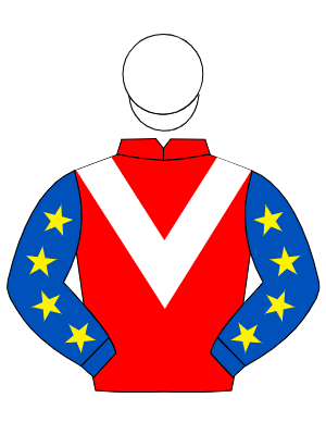RED, white chevron, royal blue sleeves, yellow stars, white cap