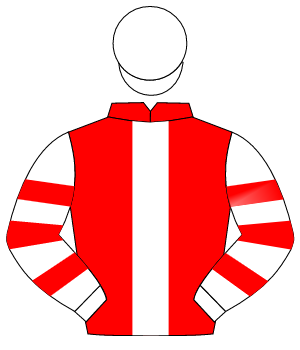 RED, white panel, white & red hooped sleeves, white cap