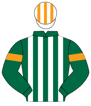 DARK GREEN & WHITE STRIPES, orange armlet, white & orange striped cap