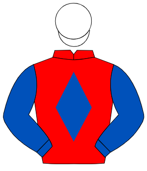 RED, royal blue diamond & sleeves, white cap