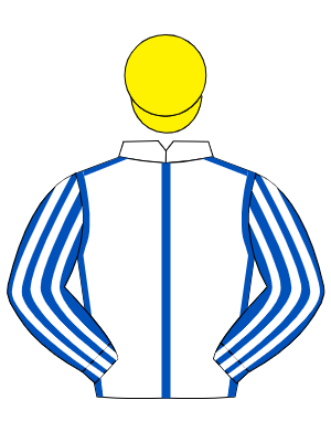 WHITE, royal blue seams, royal blue & white striped sleeves, yellow cap