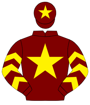 MAROON, yellow star, yellow chevrons on sleeves, yellow star on cap