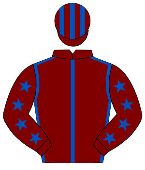 MAROON, royal blue seams, royal blue stars on sleeves, striped cap