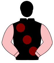 BLACK, large maroon spots, pink sleeves, black cap                                                                                                    