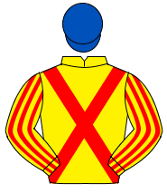 YELLOW, red cross sashes, striped sleeves, royal blue cap                                                                                             
