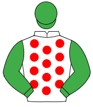 WHITE, red spots, emerald green sleeves & cap                                                                                                         