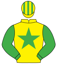 YELLOW, emerald green star & sleeves, striped cap                                                                                                     