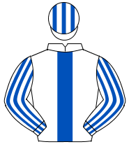 WHITE, royal blue panel, striped sleeves & cap                                                                                                        