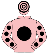 PINK, black disc, pink sleeves, black spots, hooped cap                                                                                               