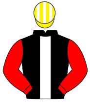 BLACK, white panel, red sleeves, yellow & white striped cap                                                                                           