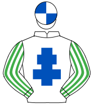 WHITE, royal blue cross of lorraine, white & emerald green striped sleeves, white & royal blue quartered cap                                          