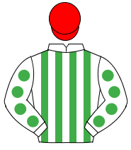WHITE & EMERALD GREEN STRIPES, emerald green spots on sleeves, red cap                                                                                
