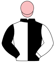 BLACK & WHITE HALVED, sleeves reversed, pink cap                                                                                                      